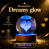 Sfera di Cristallo 3D Incisa con Pianeta Saturno, Luce Notturna LED con Gradiente Arcobaleno, Lampada da Scrivania USB, Decorazione per Casa e Regalo