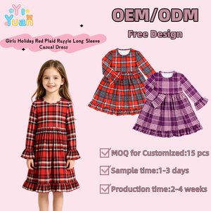 Vestido de Manga Larga para Niñas, Diseño Tartán Rojo, Negro y Blanco, con <span class=keywords><strong>Volantes</strong></span> en los Puños y el Dobladillo, Cuello Redondo, Corte en A, para Otoño e Invierno - Product Image 1