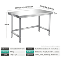Plan de travail en acier inoxydable, finition polie, robuste, capacité de 500 kg, résistant à la corrosion, réglable, cuisine commerciale