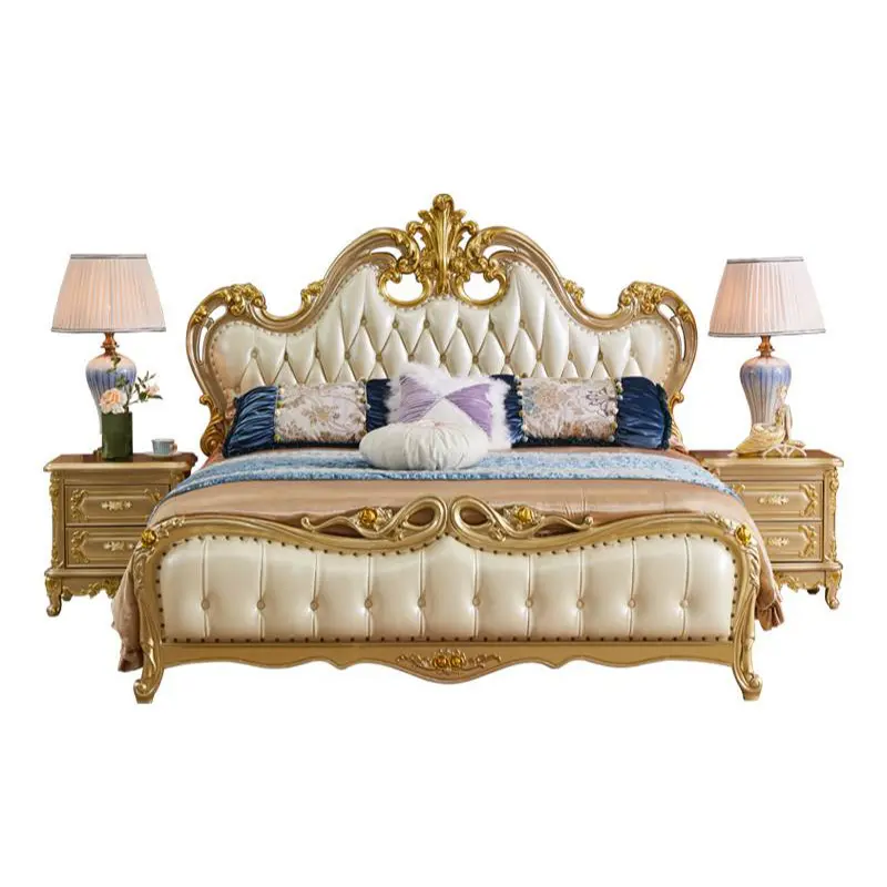 European leather double king queen bed master bedroom 1.8m princess luxury champagne gold bed solid wood wedding bed