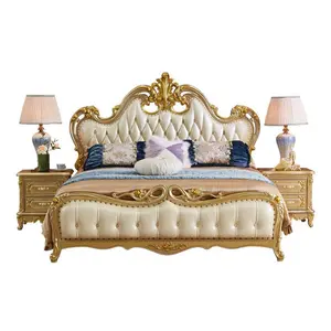 Cama king-queen europeia de couro, cama de casamento com cama dourada 1.8m princesa