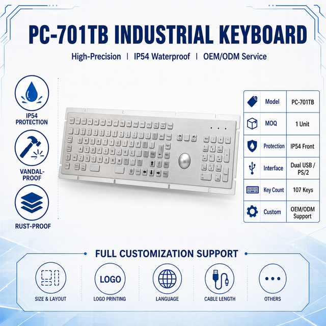 Custom Precision IP54 Industrial Stainless Steel Keyboard 107 Keys with 38mm Trackball USB PS2 for Medical Kiosk CNC Machine