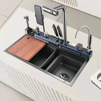 Robinet de cuisine intelligent multifonctionnel en acier inoxydable fait main en gros avec affichage numérique, évier noir à deux trous