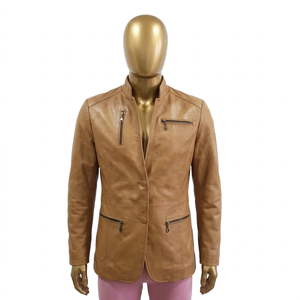 Chaqueta Nabtay Sports Marrón de Cuero Genuino para Hombre, con Lana y Mezcla de Telas, Cuello Alto, Cierre de un Botón y Bolsillos con Cremallera, para Otoño - Product Image 1