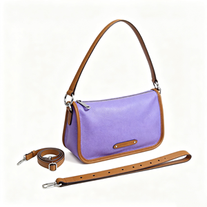 Bolso de hombro de cuero granulado morado claro, cierre de cremallera con ribete marrón, dos correas, bolso informal para uso diario - Product Image 2
