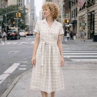 Robe décontractée sur mesure en pur lin, robe portefeuille mi-longue à carreaux, style romantique campagnard, été