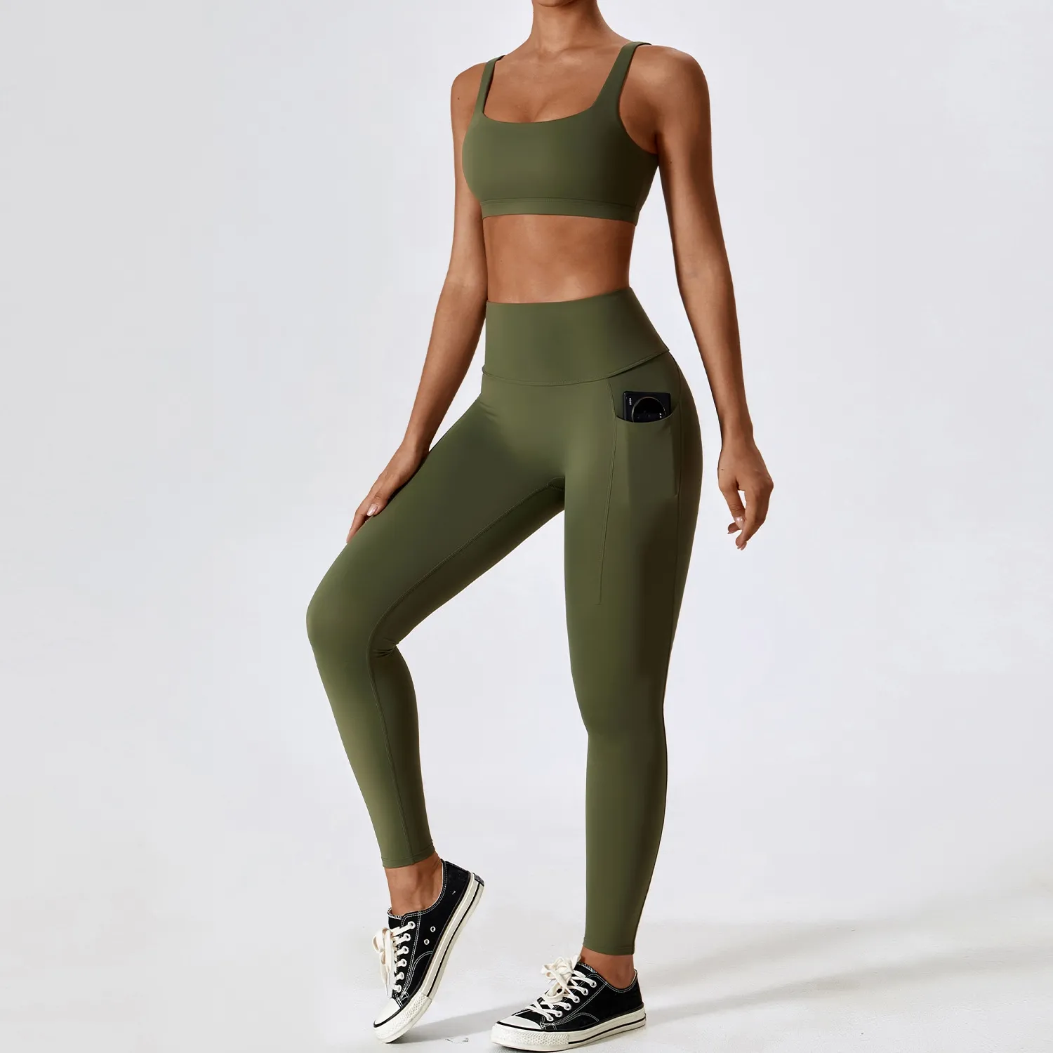 Logo personalizzato donna S-XL abbigliamento da allenamento Fitness 2 pezzi completo da palestra reggiseno sportivo da donna Leggings tascabili Activewear set da Yoga