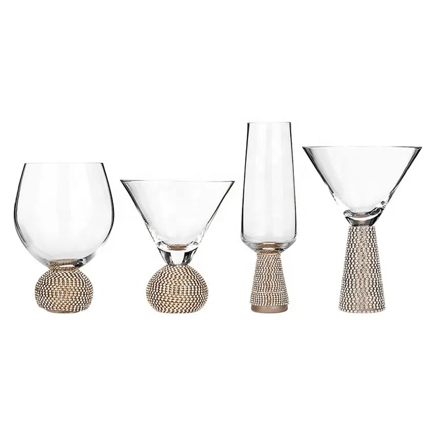 Óculos de vinho com borda dourada, top seller óculos de casamento decorado com brilho de diamante dourado, base de champanhe, óculos de coquetel