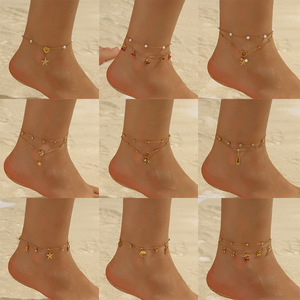 Tobillera de Acero Inoxidable con Colgante de Doble Cadena y Dijes de Diamantes, Cereza, Estrella de Mar, Flor, Estrella y Luna, Estilo Coreano, para Mujer - Product Image 4