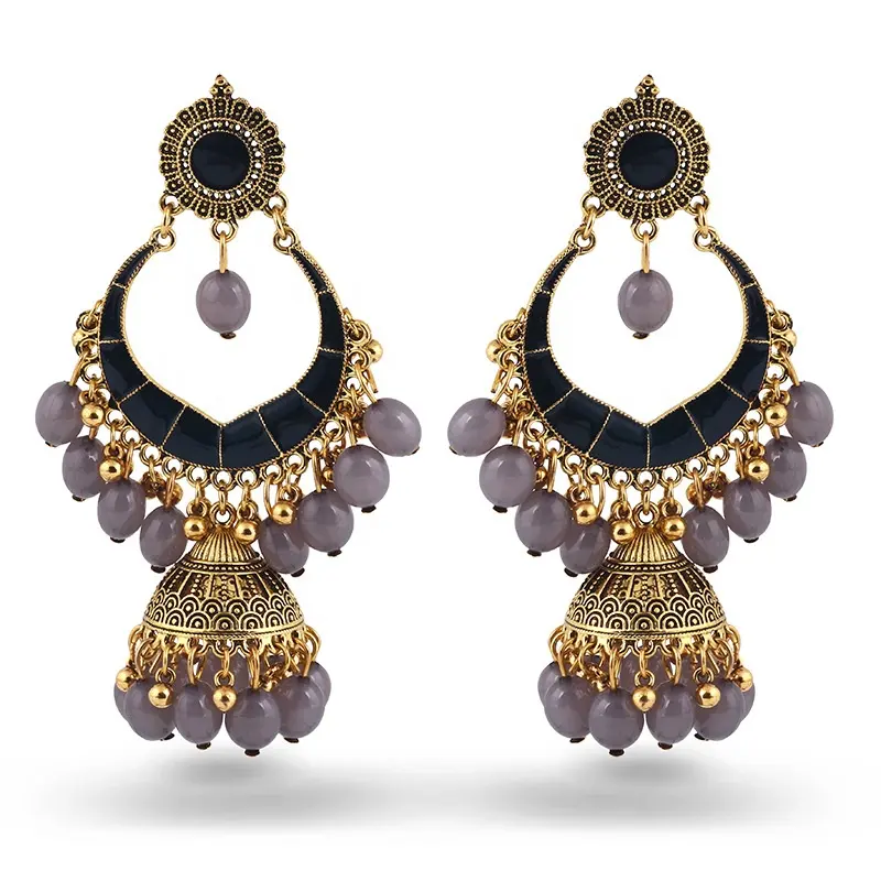 Orecchini tradizionali argento platted Jhumke ghungoo perline orecchini set per donne India tradizionale orecchino Jhumkas per le donne.