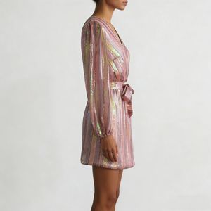Vestido Cruzado Personalizado con Lentejuelas y Rayas para <span class=keywords><strong>Mujer</strong></span>, Cuello en V, Manga Larga Abullonada, Mini Vestido Elegante para <span class=keywords><strong>Fiesta</strong></span> o Uso Casual - Product Image 2