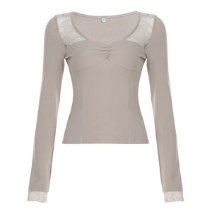 Camiseta de Manga Larga con Cuello en V, Ajustada, con Detalle de Volantes y Encaje, Estilo Casual y Ecológico, Minimalista, al por Mayor para Mujer - Product Image 5