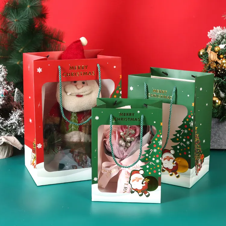 أكياس تسوق ملونة فاخرة بشعار مخصص ، حقيبة ورقية لهدايا عيد الميلاد مع نافذة واضحة