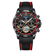 Montre mécanique automatique de luxe Glenaw, tourbillon, affichage de la date, phase de lune, bracelet en silicone, bracelet en bois, cadran en verre, plongeur