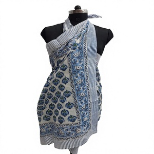 Pareo de algodón con estampado de bloques, directo de fábrica, ligero y transpirable, para playa, traje de baño, bufanda de resort, boutique, estilo costero. - Product Image 3