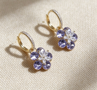 Anting-anting lingkaran bunga ungu berlapis permata, perhiasan gantung dari logam campuran untuk wanita, hadiah