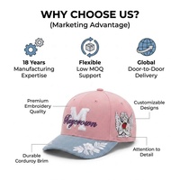 Casquette de baseball vintage rose personnalisée avec logo, visière en velours côtelé bleu, broderie 3D, lettres, chapeau de sport avec patch latéral ange pour hommes et femmes