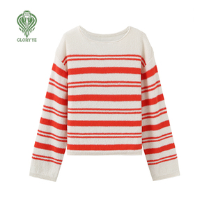 Vente en gros de pull rétro à épaules décolletées, <span class=keywords><strong>col</strong></span> <span class=keywords><strong>bateau</strong></span>, pull tricoté en polyester en coton uni et pelucheux, pull pour femme - Product Image 1