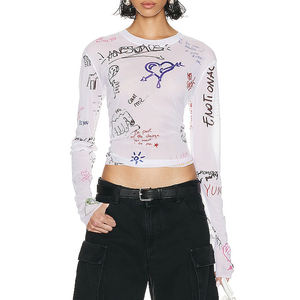 Magliette a rete da <span class=keywords><strong>donna</strong></span> Sexy <span class=keywords><strong>Slim</strong></span> <span class=keywords><strong>Fit</strong></span> a maniche lunghe con stampa grafica personalizzata di alta qualità - Product Image 1