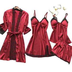 Conjunto de pijama de satén para mujer, de color contrastante con encaje sexy ropa de dormir, 4 unidades