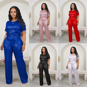 D8614 Tenues d'été tendance <span class=keywords><strong>pour</strong></span> femmes, t-<span class=keywords><strong>shirt</strong></span> à manches courtes brodé de paillettes et pantalon long, ensemble deux pièces - Product Image 2