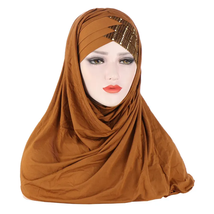 Camisa muscular hijab abaya hijabs feminina, blusa de lantejoulas modal islâmica vestido turbante cabeça turbante instantâneo