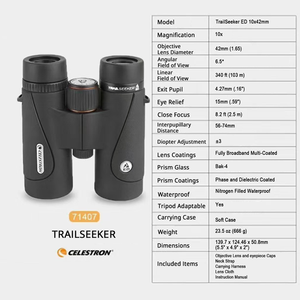 Binocolo <span class=keywords><strong>Celestron</strong></span> TrailSeeker ED <span class=keywords><strong>10x42</strong></span> compatto per birdwatching e attività all'aperto, prisma a tetto BaK4 - Product Image 6
