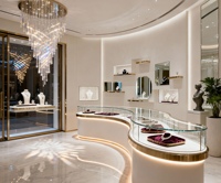 Vitrine à bijoux Boutique Middle Island, cadre en métal, corps en bois, vitrine en verre transparent avec éclairage LED