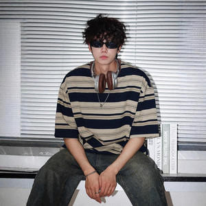 Summer <b>Beaded</b> Color Block Striped Short Sleeveless Men's <b>Loose</b> Cotton Workwear Style Contrast Trim Casual T-Shirt - Product Image 3