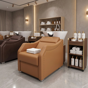 Sillón de Lavado de Cabello de Cuero PU Naranja, Unidad de Lavado para Salón, Estructura Metálica, Reclinable, con Lavabo de Cerámica - Product Image 1
