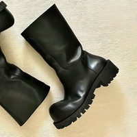 Bottes de cowboy occidentales mi-mollet en cuir PU noir à talons bas pour femmes, personnalisables, pour l'automne et l'hiver, avec bout large et cheville haute, vente en gros