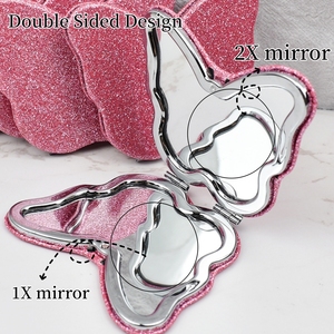 <span class=keywords><strong>Specchio</strong></span> da tasca piccolo portatile all'ingrosso con doppio lato farfalla rosa Glitter <span class=keywords><strong>specchio</strong></span> per il trucco compatto - Product Image 2