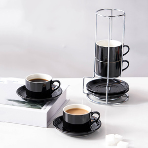 Juego de 4 Tazas de Café de Cerámica Personalizadas con Soporte Metálico, Tazas y Platillos Apilables para Espresso - Product Image 1