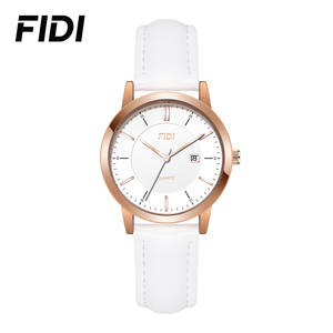 Reloj de cuarzo FIDI para hombre y mujer, diseño clásico minimalista con indicador de fecha, correa de cuero disponible en negro y oro rosa - Product Image 1
