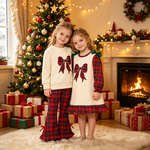 Vestido Romper Navideño a Cuadros Rojos con Lazo Personalizado para Niñas, Boutique Trendyism, Spandex/Algodón Orgánico Suave, Ropa Navideña al por Mayor - Product Image 1