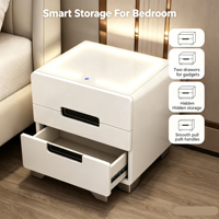 Mesita de Noche Moderna de Madera, Color Blanco Brillante, con Carga Inalámbrica, Luz LED, Mueble Multifuncional para Dormitorio