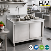 Meuble sous évier commercial avec portes coulissantes en acier inoxydable, évier simple avec égouttoir, rangement fermé, certifié NSF pour cuisine