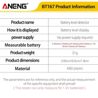 Comprobador de Baterías Universal ANENG BT167 para Pilas AA, AAA, C, D, 9V, 1.5V y Pilas de Botón, No Requiere Pilas