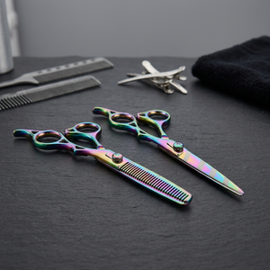 Ciseaux à cheveux Rainbow Beauty pour la coupe des cheveux fins, ciseaux de barbier professionnels, acier inoxydable 4Cr13, revêtement arc-en-ciel, manche long - Product Image 3