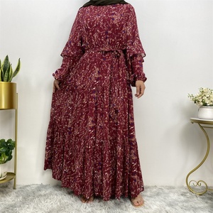 6564# Premium Chiffon Small Floral Dress Muslim Women Long Sleeve Printed <b>Maxi</b> Dresses With Full Lining 5 Colors - Product Image 5