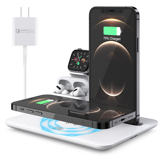Wireless Charger 4 in 1 Fast Wireless Charging Station for iPhone 13 12 11/ Pro/XS/XR/X/SE/8/8 Plus 15W Fast Charging Dock Stand