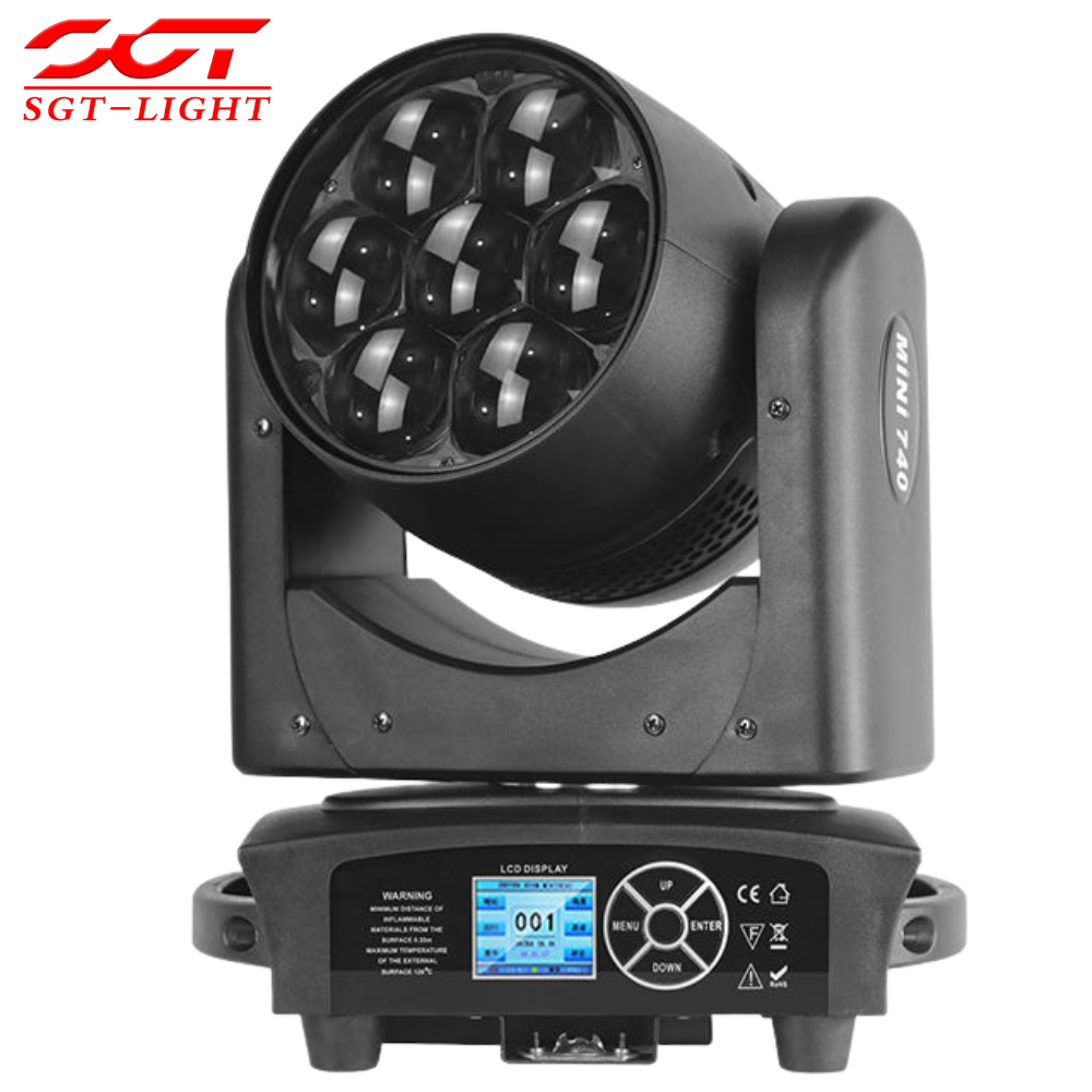 Mini 740 7x40W RGBW 4in1 Bee Eye Moving Head Light 7-50° Zoom 1-25Hz Strobe DMX512 RDM 17CH Wash Beam for Concert Light Show