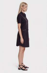 Hanruisi Classy Robe <span class=keywords><strong>chemise</strong></span> noire pour <span class=keywords><strong>femme</strong></span> Col polo Manches courtes avec détail de poche Tenue de bureau élégante et décontractée - Product Image 4