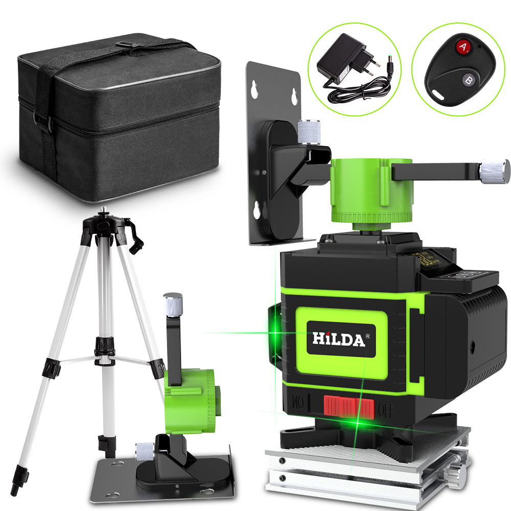 Hilda лазерный уровень с треногой, 12 линий, 3D зеленый луч, поворотный самонивелирующийся на 360 градусов, Горизонтальные и вертикальные Лазерные уровни