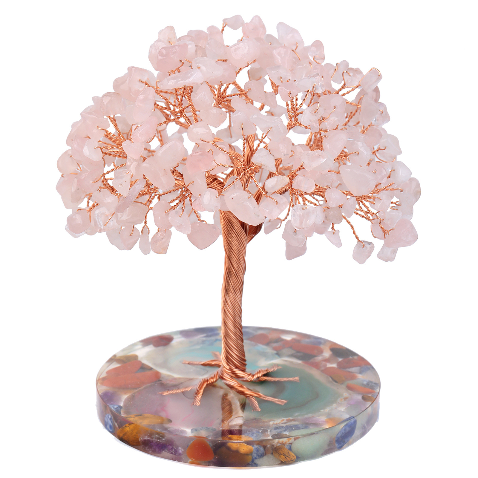 Wholesale Decorative Natural Crystal Craft Tree Colorful Agate Round Base Feng Shui Crystal Crafts Lucky Money Tree Ornaments