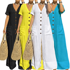 <span class=keywords><strong>Tuta</strong></span> da <span class=keywords><strong>Donna</strong></span> Taglie Forti di Alta Qualità, Casual, Larga, <span class=keywords><strong>Oversize</strong></span>, Nuova Collezione Estiva con Bottoni e Scollo a V - Product Image 1