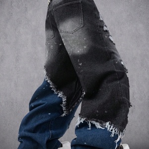 Vaqueros de mezclilla de pierna ancha <span class=keywords><strong>con</strong></span> efecto desgastado, rotos, <span class=keywords><strong>con</strong></span> dobladillo deshilachado y salpicaduras de pintura, estilo urbano, <span class=keywords><strong>con</strong></span> patchwork de dos tonos - Product Image 2