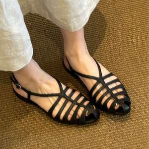 Genuine Sheepskin Color <b>Block</b> Woven <b>Block</b> Heel Roman Sandals Hollow Out Design Flat Women Shoes Easy Match Dresses Summer - Product Image 6