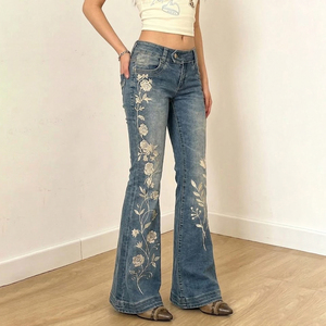 Pantalones Vaqueros Casuales de Mujer, Estilo Y2K Vintage, Bordado Floral, Transpirables, de Talle Bajo, Lavados y Desgastados, Estilo Streetwear - Product Image 4