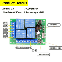 Control Remoto Inalámbrico de 4 Canales y 433MHz para Puerta de Garaje/Obturador/Portón, 4 Botones, Alcance de 50m, DC 12V 10A, Uso Universal